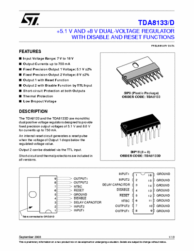 ST TDA 8133 +5.1 V AND +8 V DUAL-VOLTAGE REGULATOR WITH DISABLE AND RESET FUNCTIONS